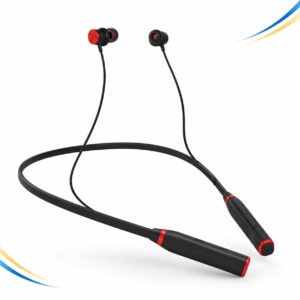 VMobiTec VN5002 wireless Bluetooth neckband with black earbuds and red accents