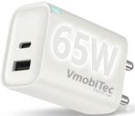 Charge faster with Vmobitec 65W GaN charger featuring PD 3.0 & QC 3.0, dual ports, compact design, thermal protection, and universal compatibility.