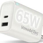 Charge faster with Vmobitec 65W GaN charger featuring PD 3.0 & QC 3.0, dual ports, compact design, thermal protection, and universal compatibility.
