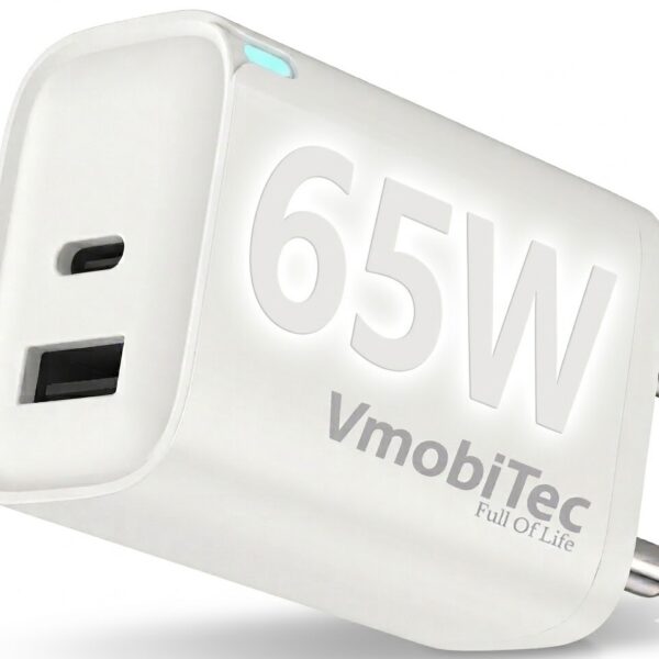Charge faster with Vmobitec 65W GaN charger featuring PD 3.0 & QC 3.0, dual ports, compact design, thermal protection, and universal compatibility.