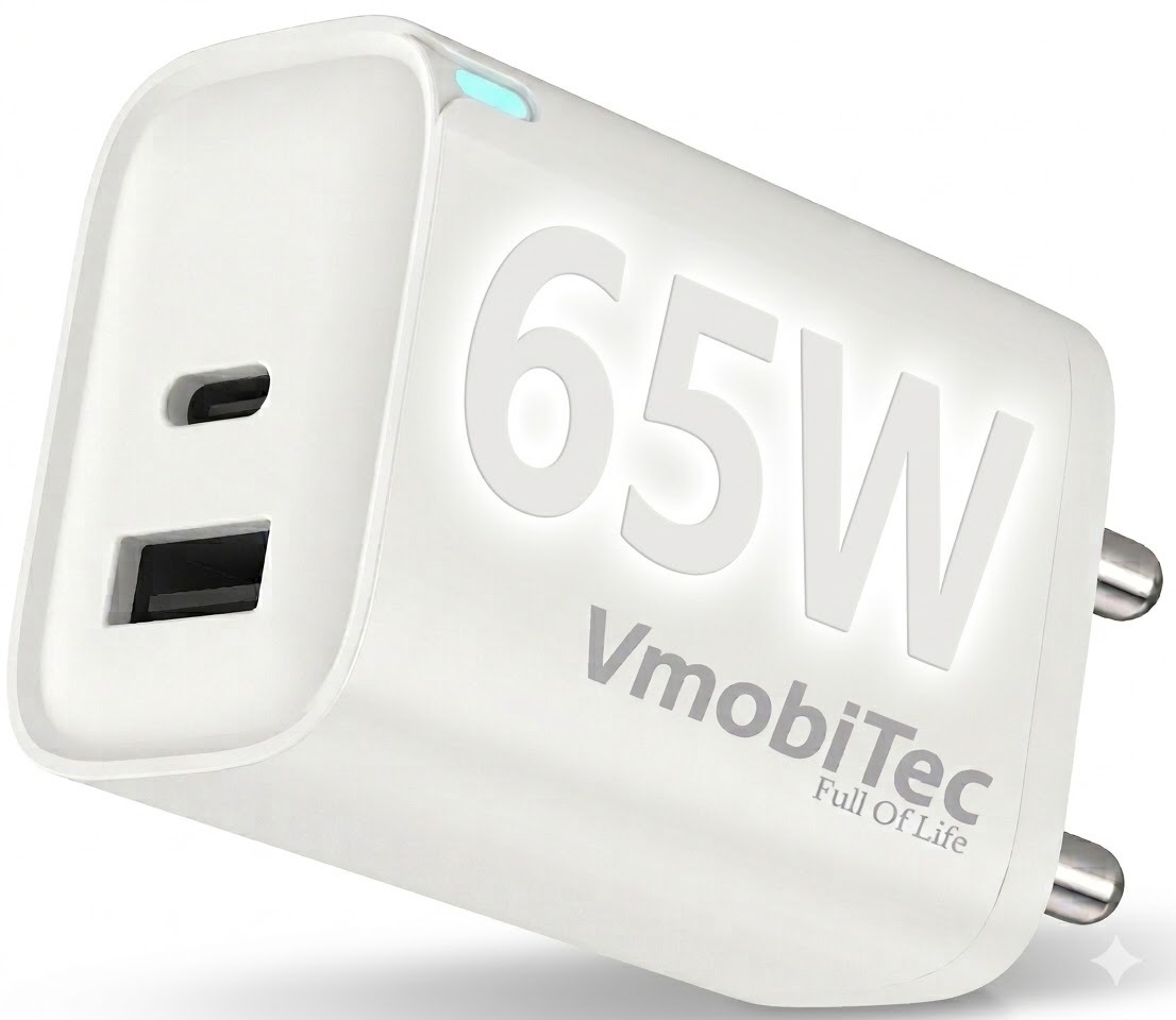 Charge faster with Vmobitec 65W GaN charger featuring PD 3.0 & QC 3.0, dual ports, compact design, thermal protection, and universal compatibility.