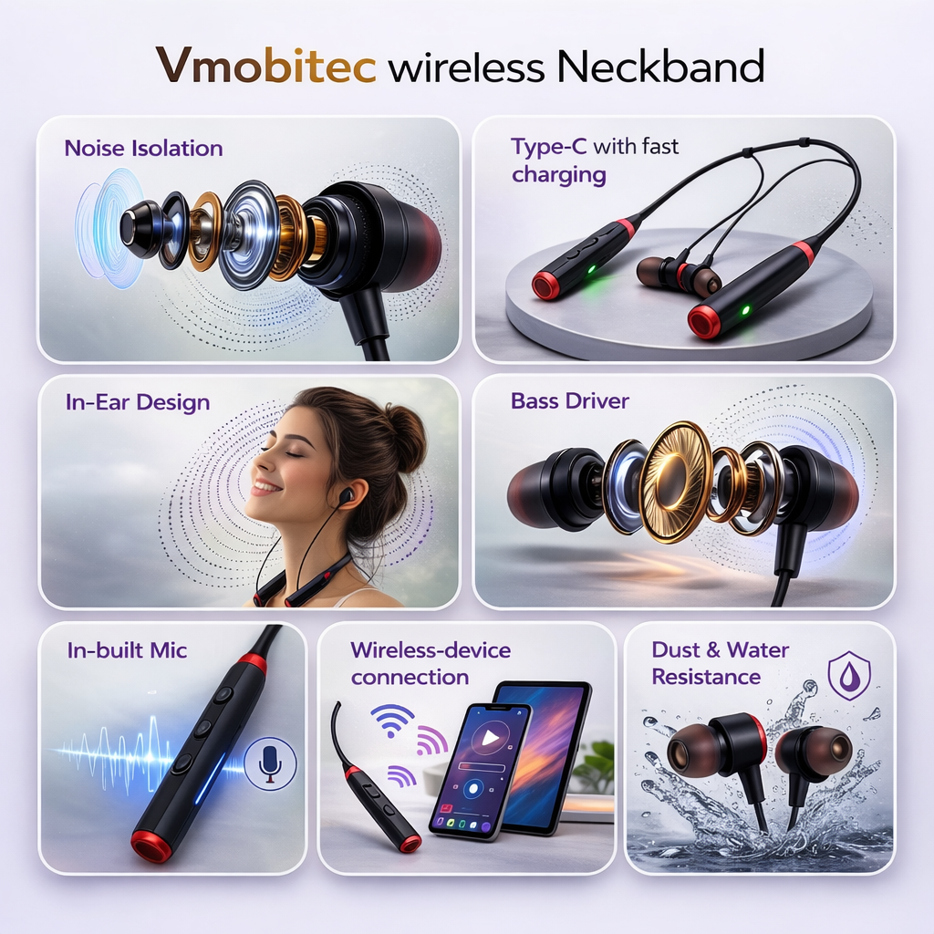 NeckBand VN5001 – Highlight Feaures 1. upto 42 Hours Playback, 2. Clear Audio with Deep Bass, Supports Vibration for calls
vmobitec
