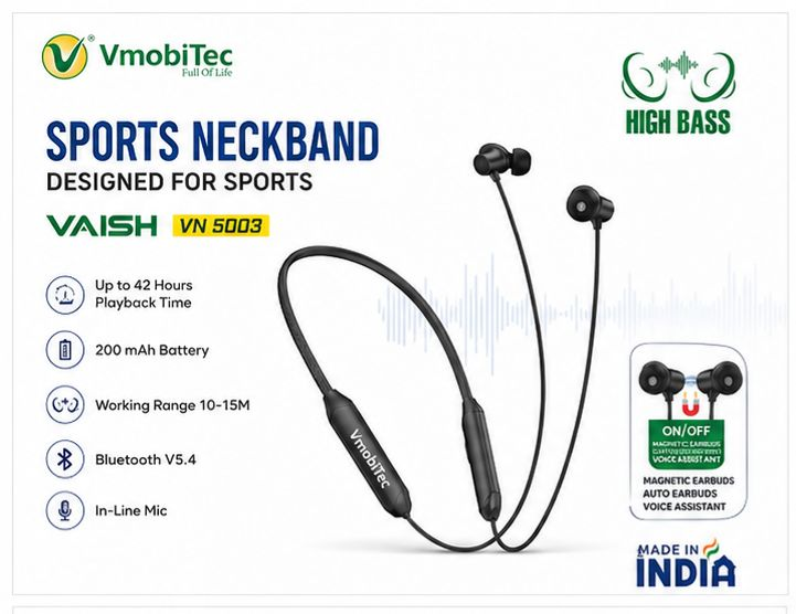 Close-up of the VmobiTec VAISH VN-5003 Bluetooth neckband with best neckband for gym