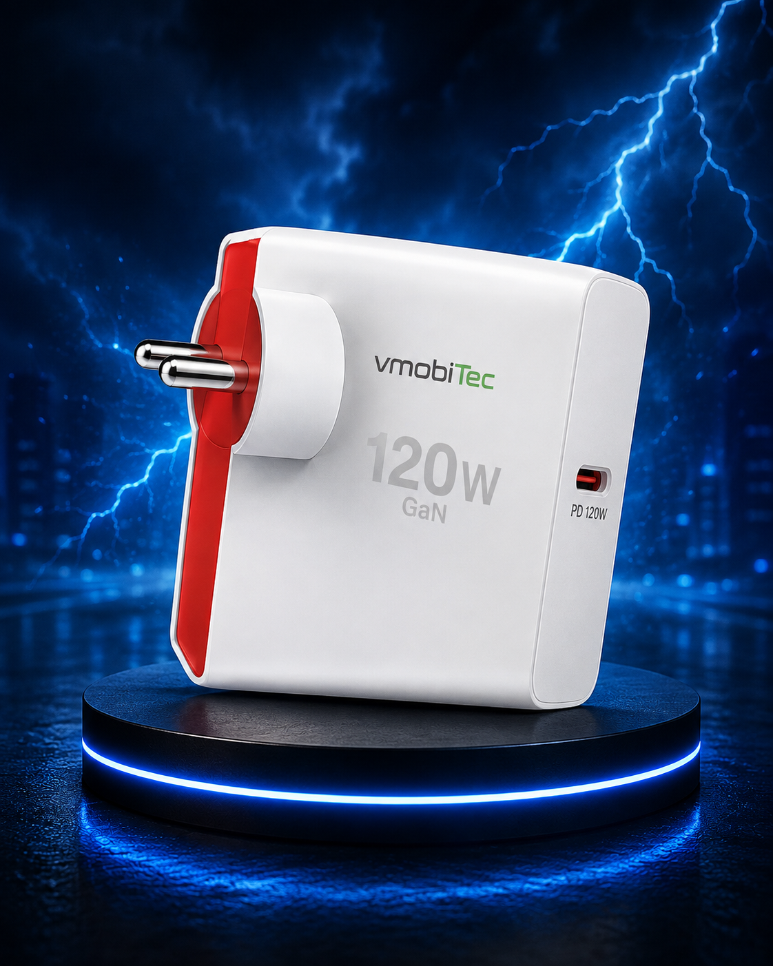 VmobiTec 120W fast charger adapter with USB-C fast charging for smartphones, tablets, and laptops