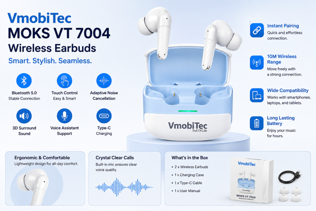 VmobiTec MOKS VT 7004 wireless earbuds with Bluetooth dual device pairing earbuds 5.0, touch controls, ANC, 3D surround sound, and Type-C charging.