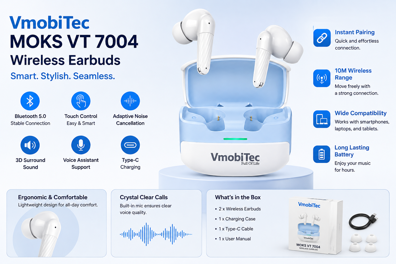 VmobiTec MOKS VT 7004 wireless earbuds with Bluetooth dual device pairing earbuds 5.0, touch controls, ANC, 3D surround sound, and Type-C charging.