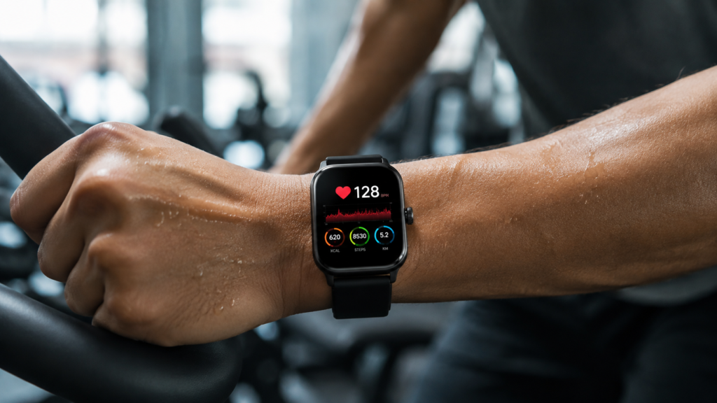 VmobiTec Shane Spark AMOLED smartwatch showing fitness tracking during workout