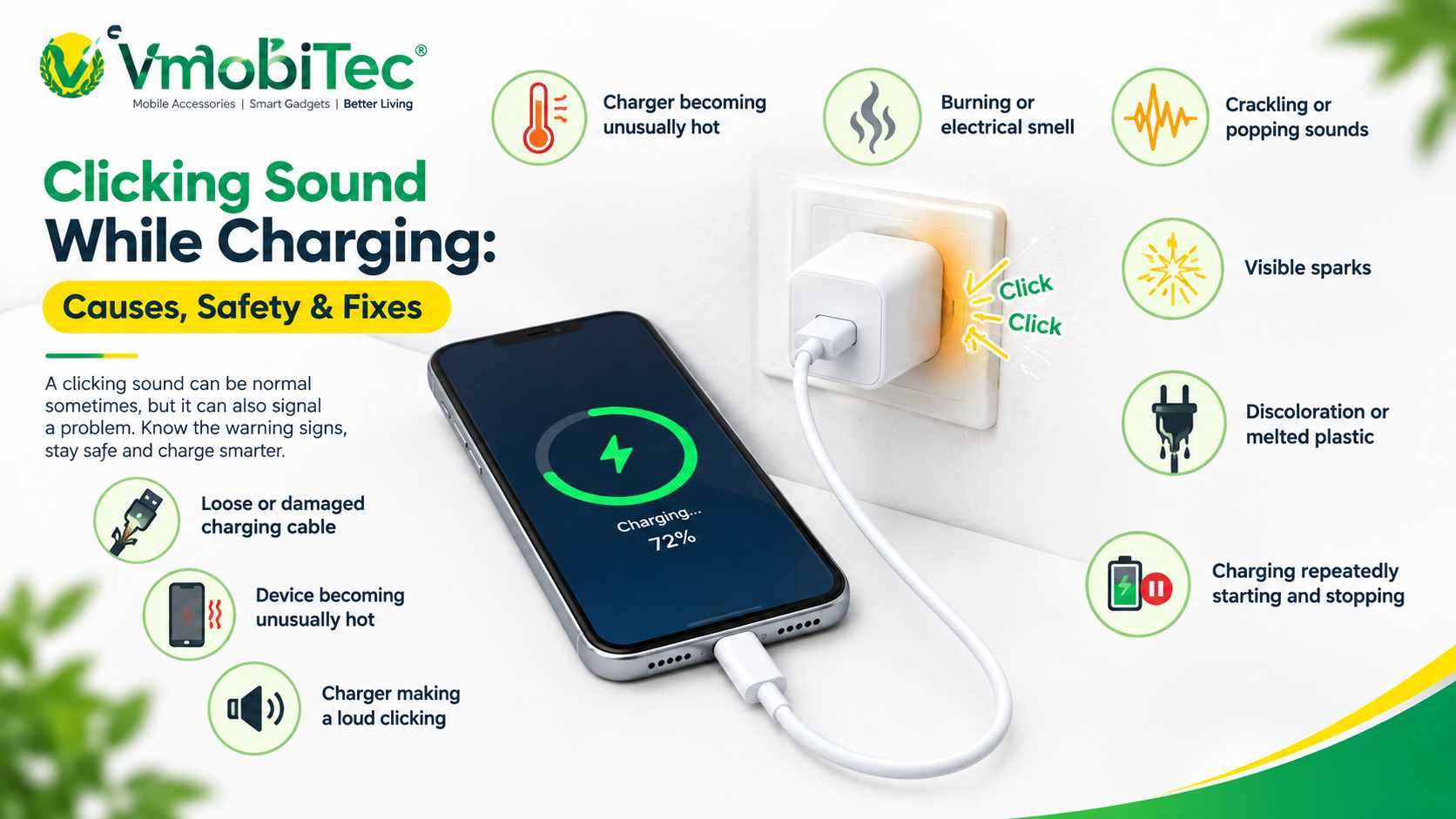 Clicking sound while charging caused by a phone charger or charging adapter