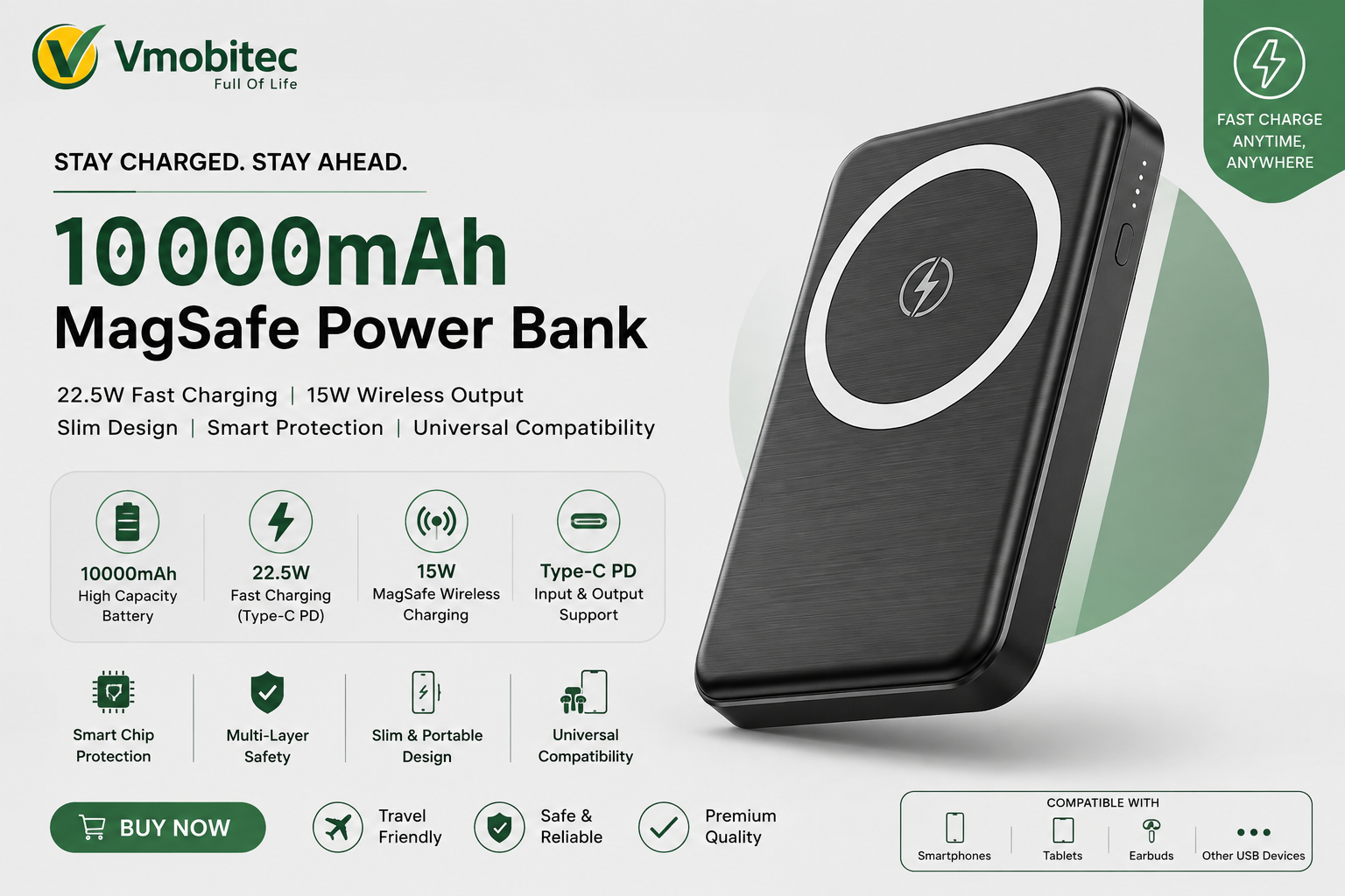 Vmobitec 10000mAh wireless MagSafe power banks with Type-C PD output