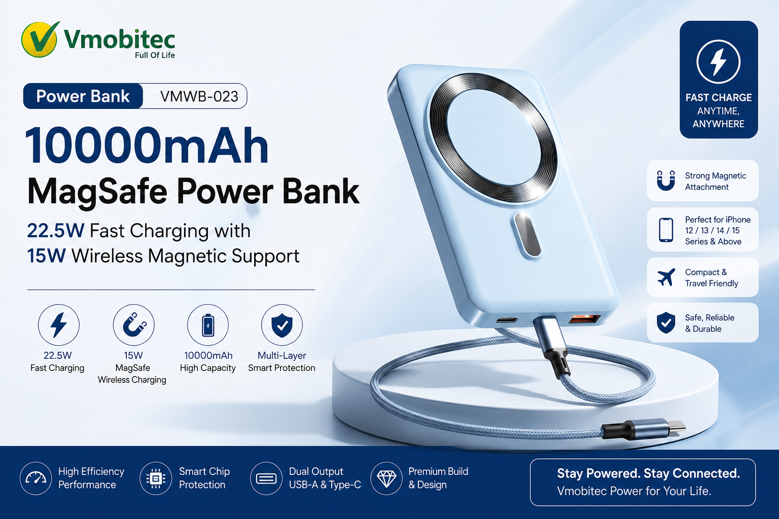 Vmobitec slim 10000mAh power banks with 22.5W fast charging and smart protection