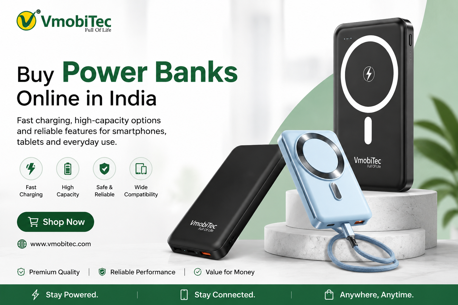Vmobitec 10000mAh MagSafe power bank with 22.5W fast charging and 15W wireless charging