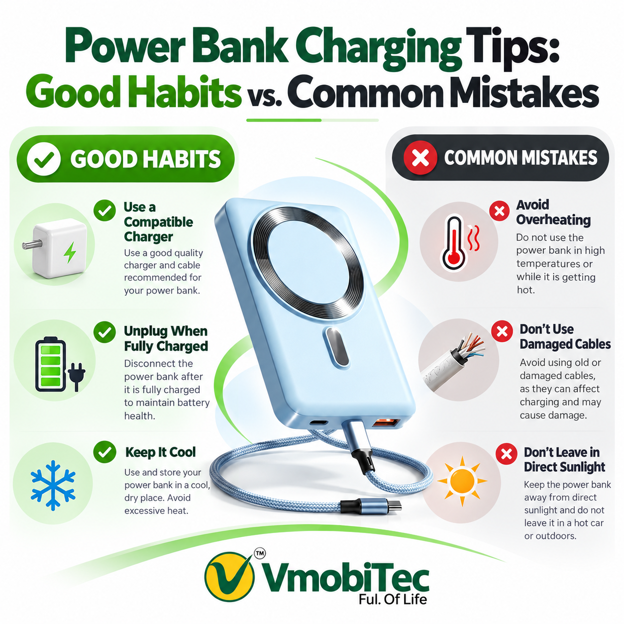 Power bank charging tips showing good charging habits and common mistakes to extend power bank battery life, featuring a VmobiTec power bank.