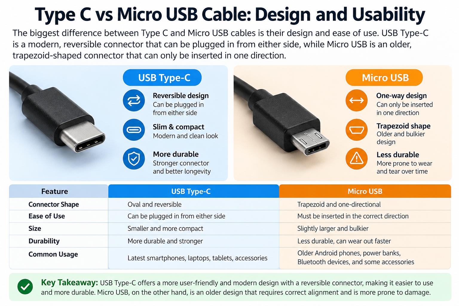 Type C cable advantages over Micro USB including fast charging and data transfer