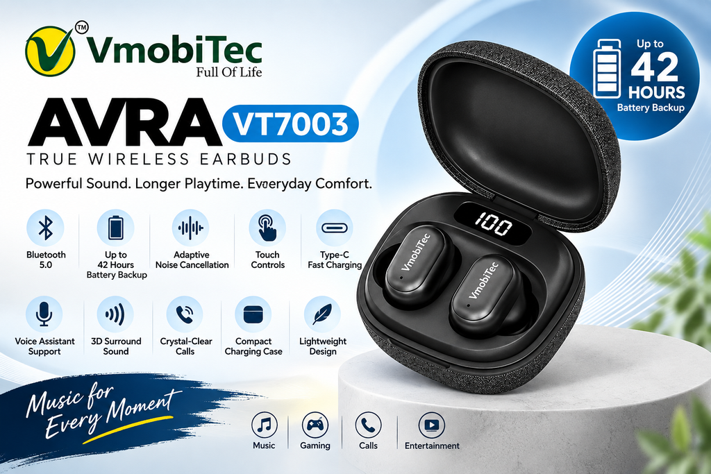 VMobiTec AVRA VT7003 earbuds with 42 hours battery backup and Type-C charging