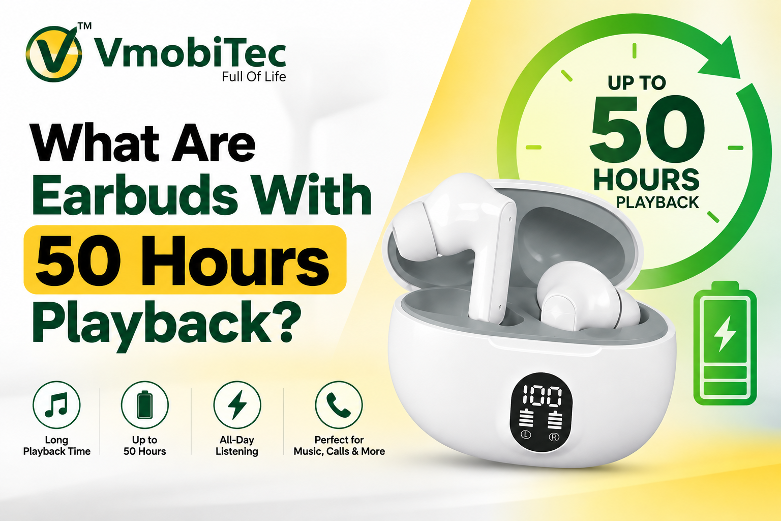VMobiTec earbuds with up to 50 hours playback and long-lasting battery life